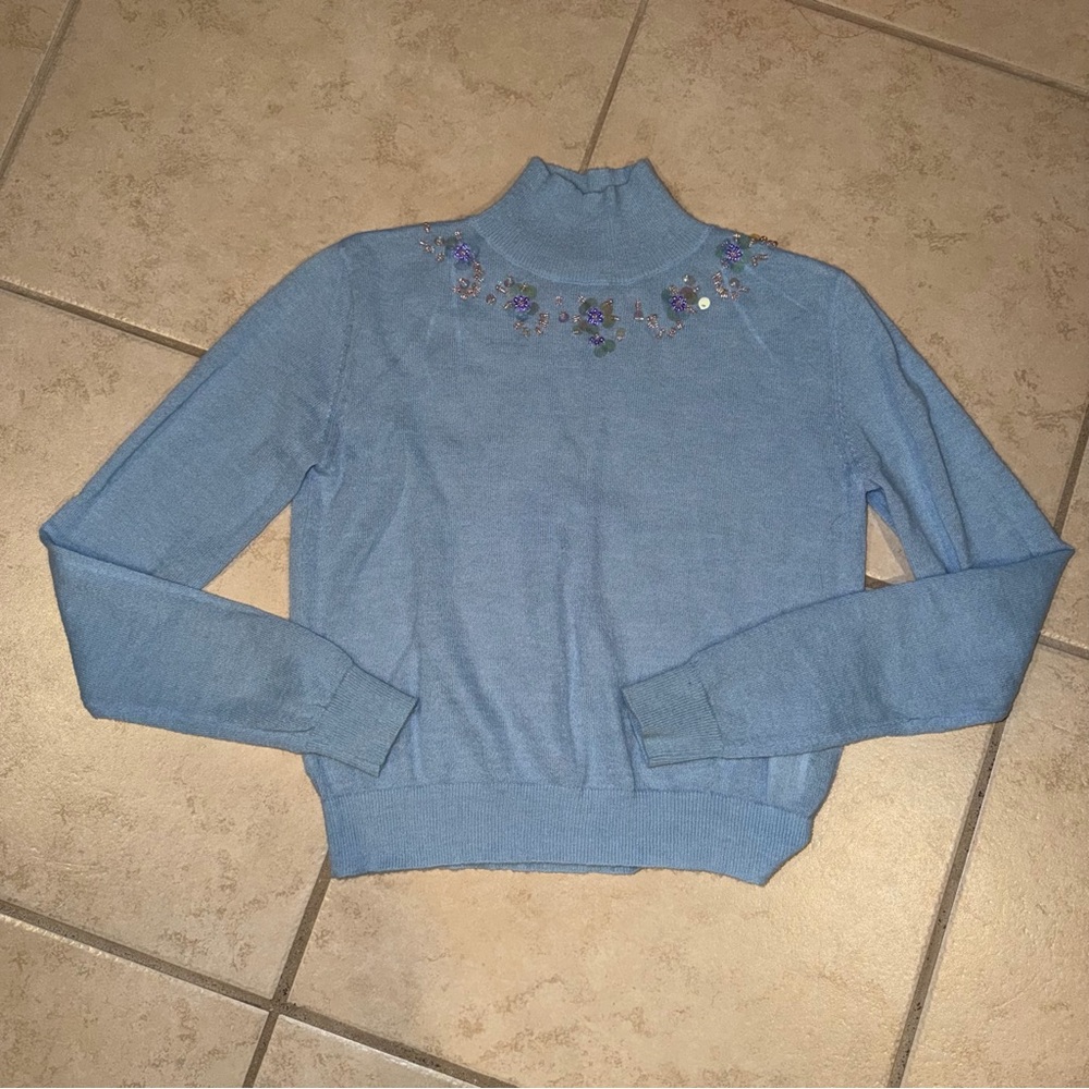 Zara Blue Turtleneck Sweater with Floral Embroidery